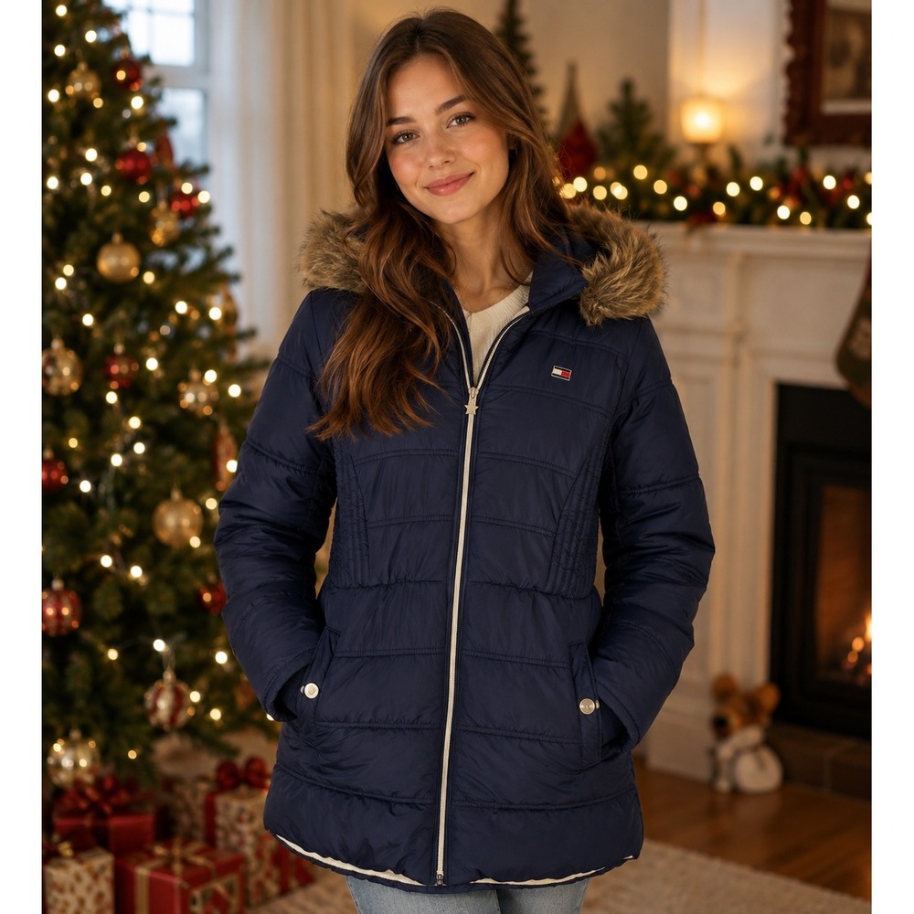 Tommy Hilfiger Puffer Jacket Girls L 14/16 Navy Blue Faux Fur Hood Quilted Coat
